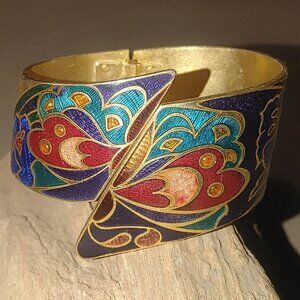 Vintage Hinged Cloisonné Butterfly Bracelet Gold Tone Enamel Bold Design Jewelry